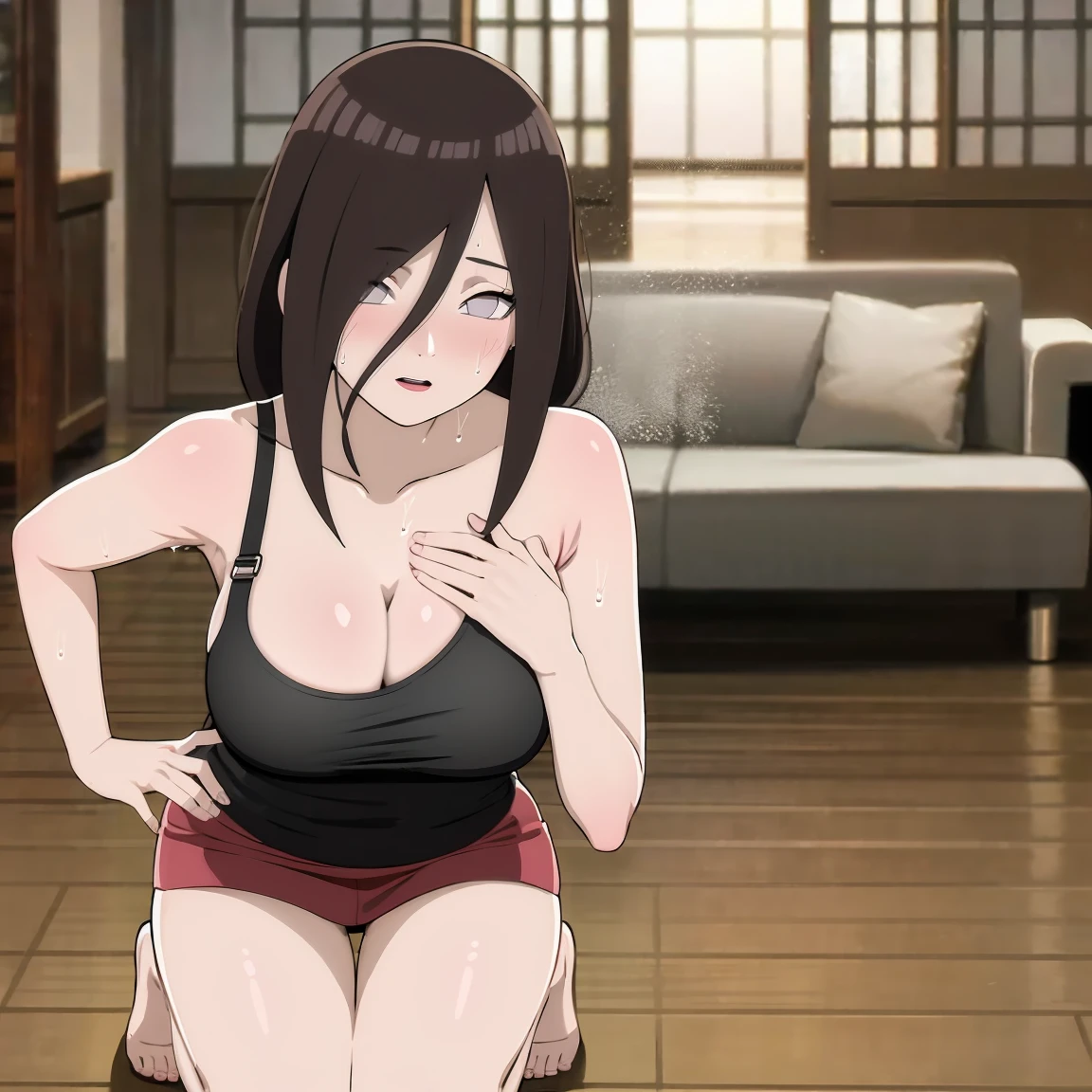 masterpiece, Very detailed, best quality, Ultra-high resolution, 1 Girl, Solitary, (living room,White shirt,Short skirt,Sweating,blush),(中等breast), , (Hana and Hinata:1), (Yoga Clothes,Kneeling), cleveage, From the front,sit,On the sofa,black eyes,White eyes,((living room,))