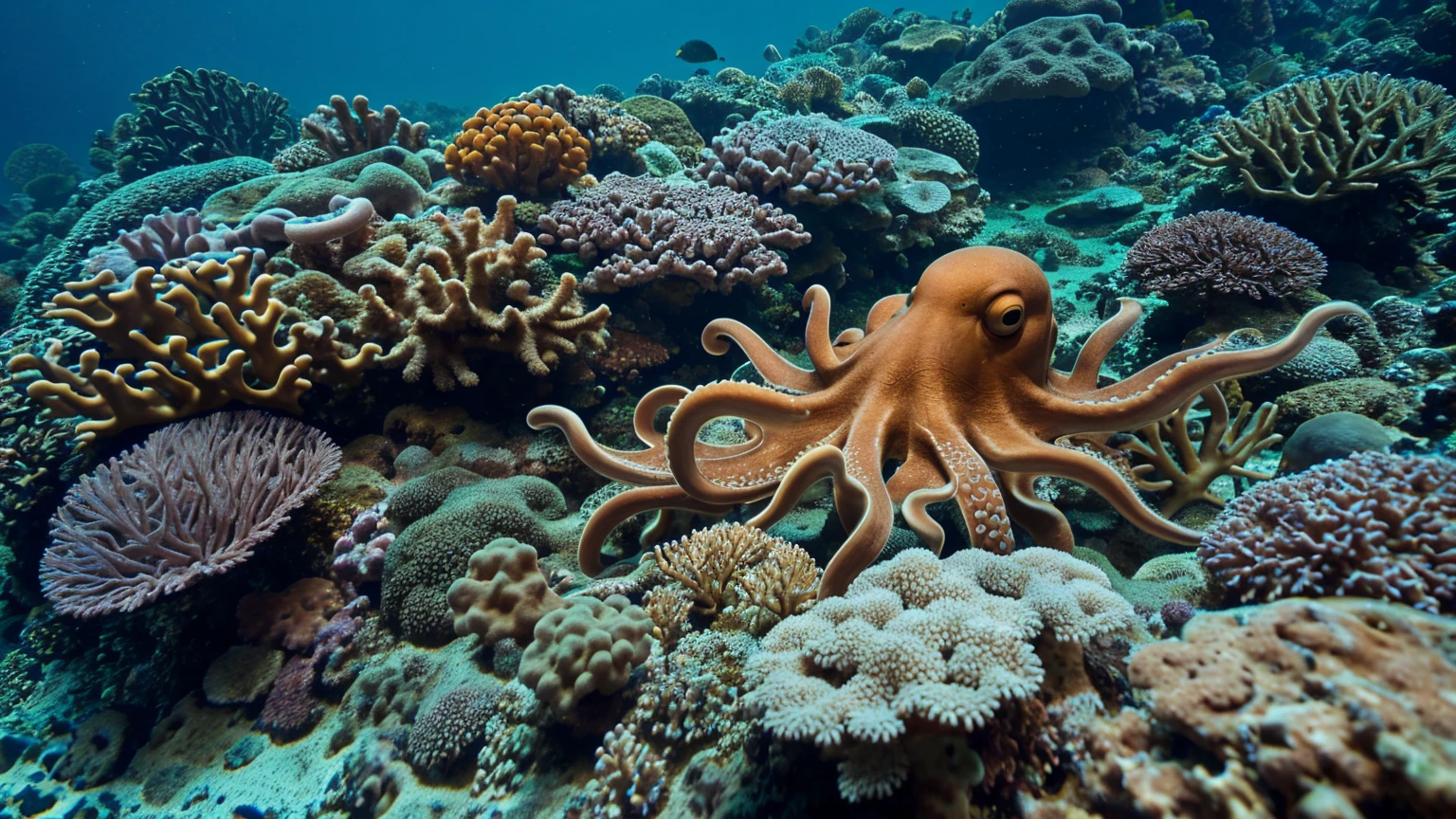 "A close-up underwater scene showcasing an octopus blending into its surroundings. The octopus is camouflaged against a coral reef, with its skin changing color and texture to match the vibrant coral and rocks. Include subtle hints of the octopus’s tentacles and the intricate details of the coral to emphasize the camouflage. The scene should capture the octopus remarkable ability to blend seamlessly into its environment."