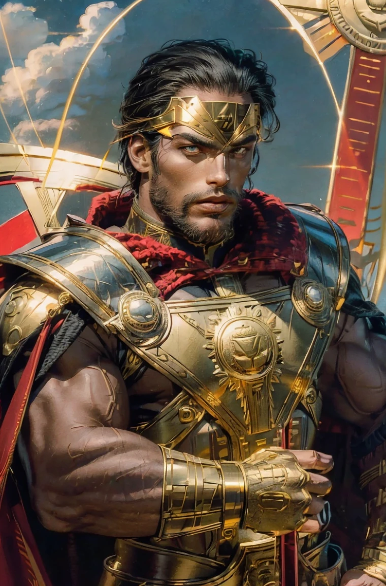 40-year-old Vetren Kiteshield a man Holding a triangular-kite-shield with a painted emblem of a sword with a golden sunburns on the shield a Man with a Short military buzz cut hair. A man with Dark-hair, muscular, with a fierce severe serious expression on his face, a five-o-clock shadow of a beard on his face. He's a soldier in red gold and silver armor with a kite shield with an emblem of a sword with a sunburst behind it on a red background. With a golden lion pauldron on one shoulder