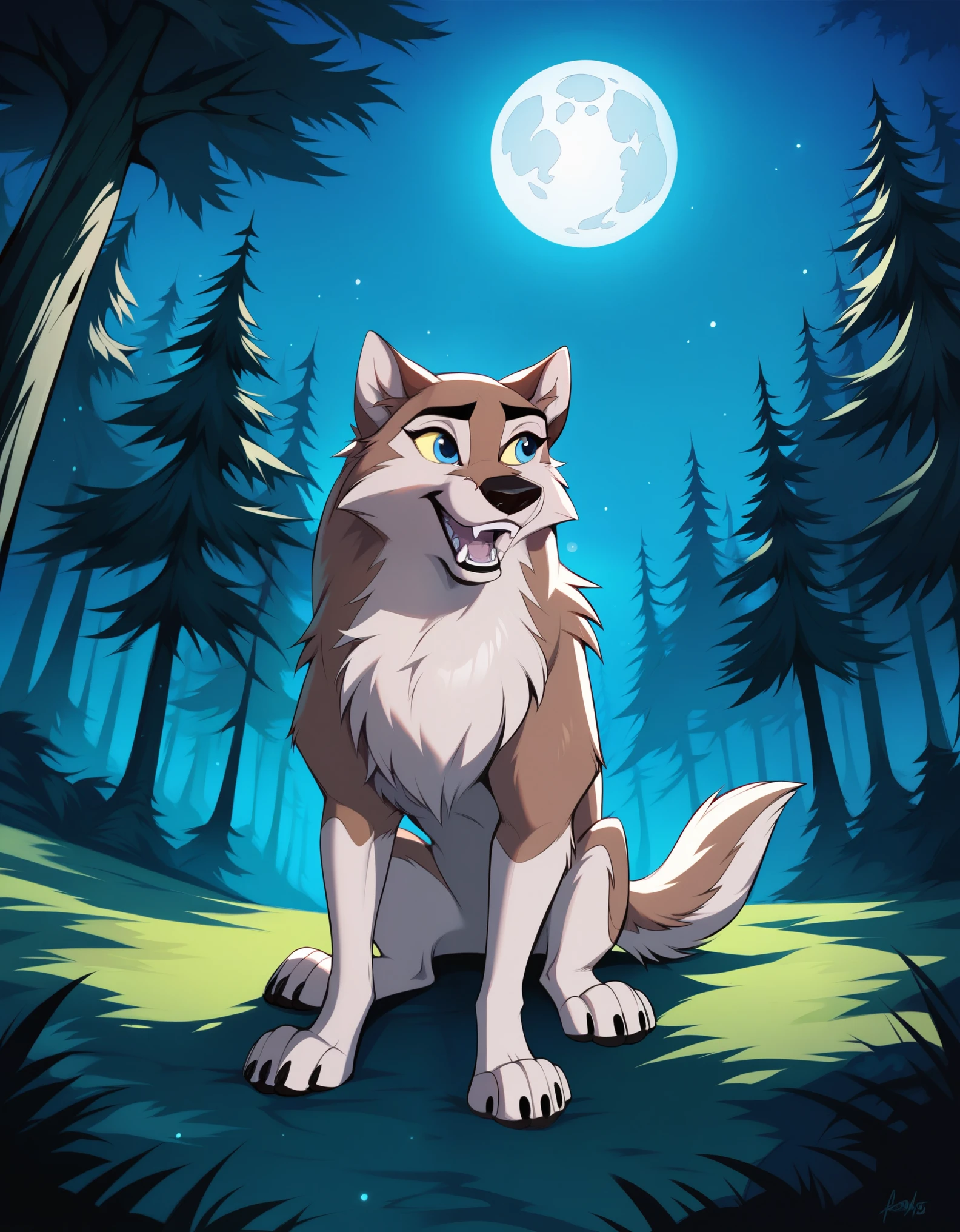 score_9, score_8_up, score_7_up, score_6_up,   aleu, blue eyes, solo, open mouth, full body, outdoors, no humans, night, fangs, dog, animal focus, white fur, 1girl, wolf, animal, body fur, two tone fur, yellow sclera, sitting, trees, moon, forest,