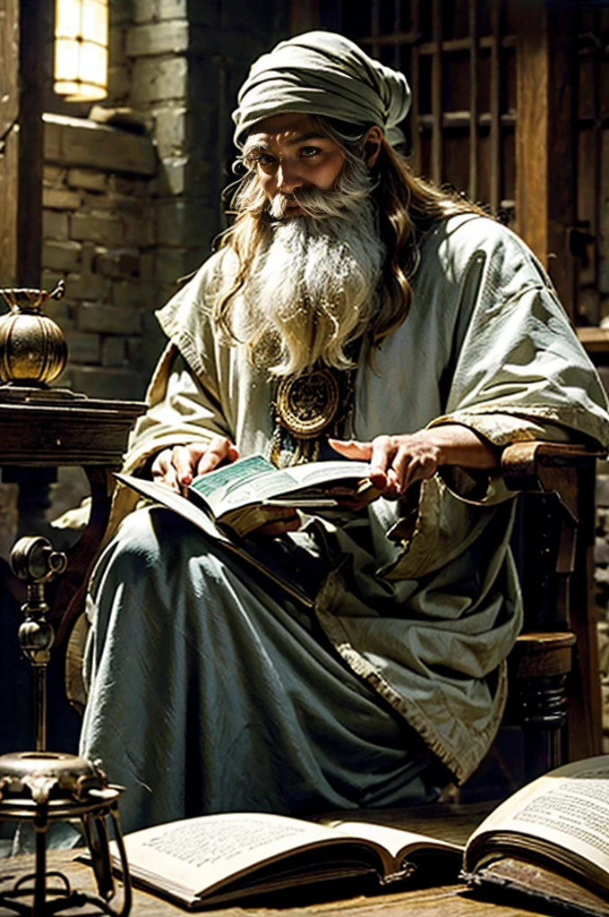 An oldery man Hermit have white bearded sage, white ascetic outfit, sitting on the wooden chair, reading an old big book in his hands, in an ancient library, optimistic, adventurous, cinematic lighting, dramatic skies, detailed facial features, detailed clothing, depth of field, photorealistic, highly detailed, 8k, masterpiece