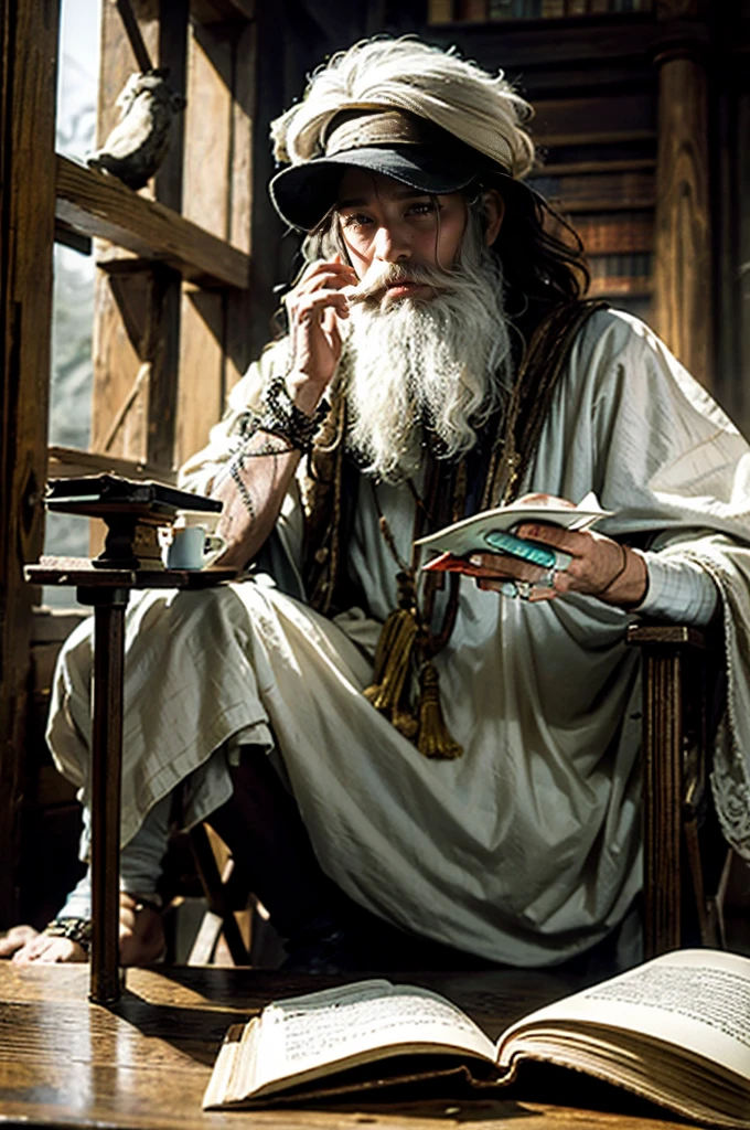 An oldery man Hermit have white bearded sage, white ascetic outfit, sitting on the wooden chair, reading an old big book in his hands, in an ancient library, optimistic, adventurous, cinematic lighting, dramatic skies, detailed facial features, detailed clothing, depth of field, photorealistic, highly detailed, 8k, masterpiece