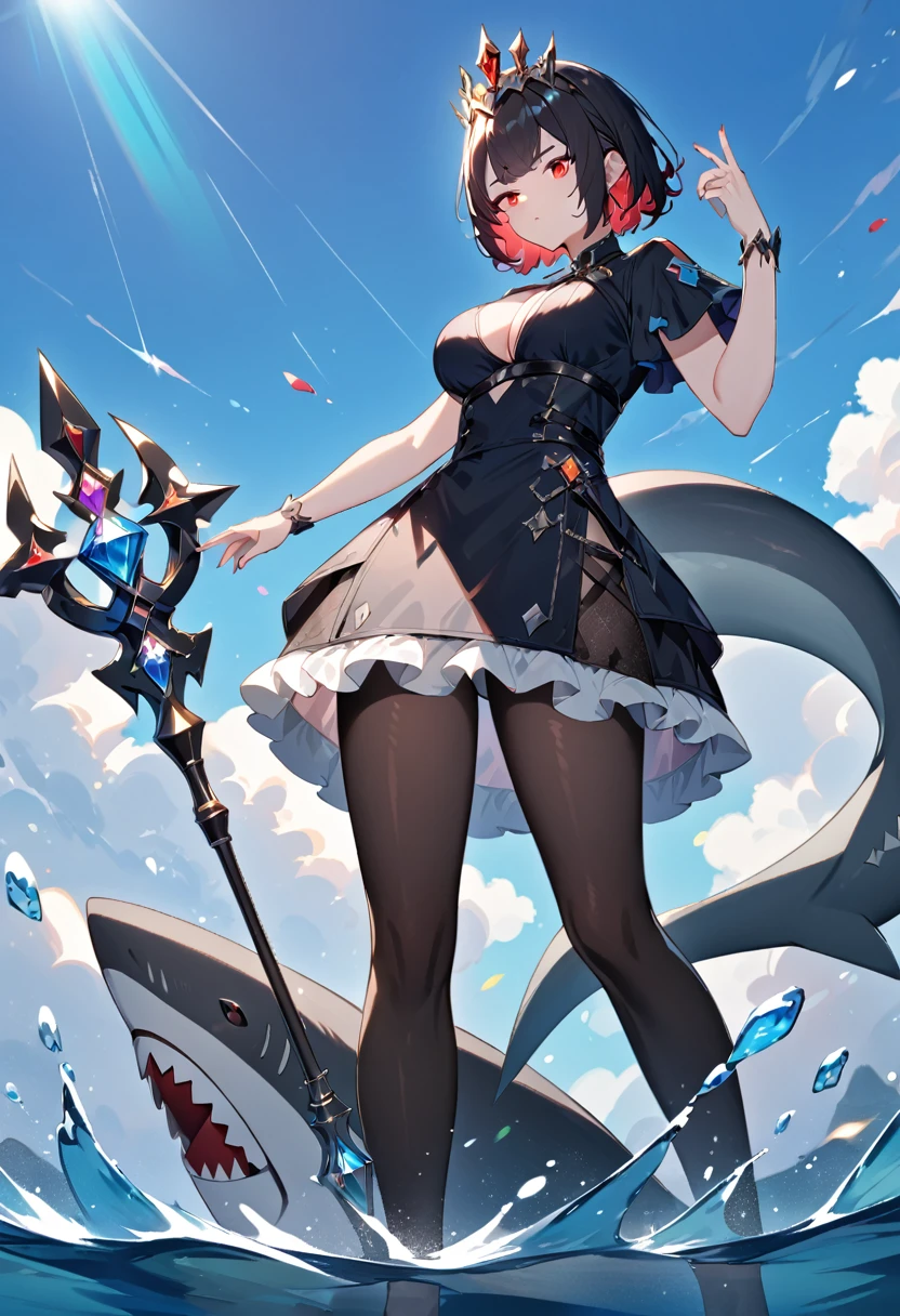 A queen standing on water，blue sea, blue sky，short hair，Red eyes，Full figure，Black pantyhose，Swimsuit with colorful gemstones，A black shark tail，Holding a scepter