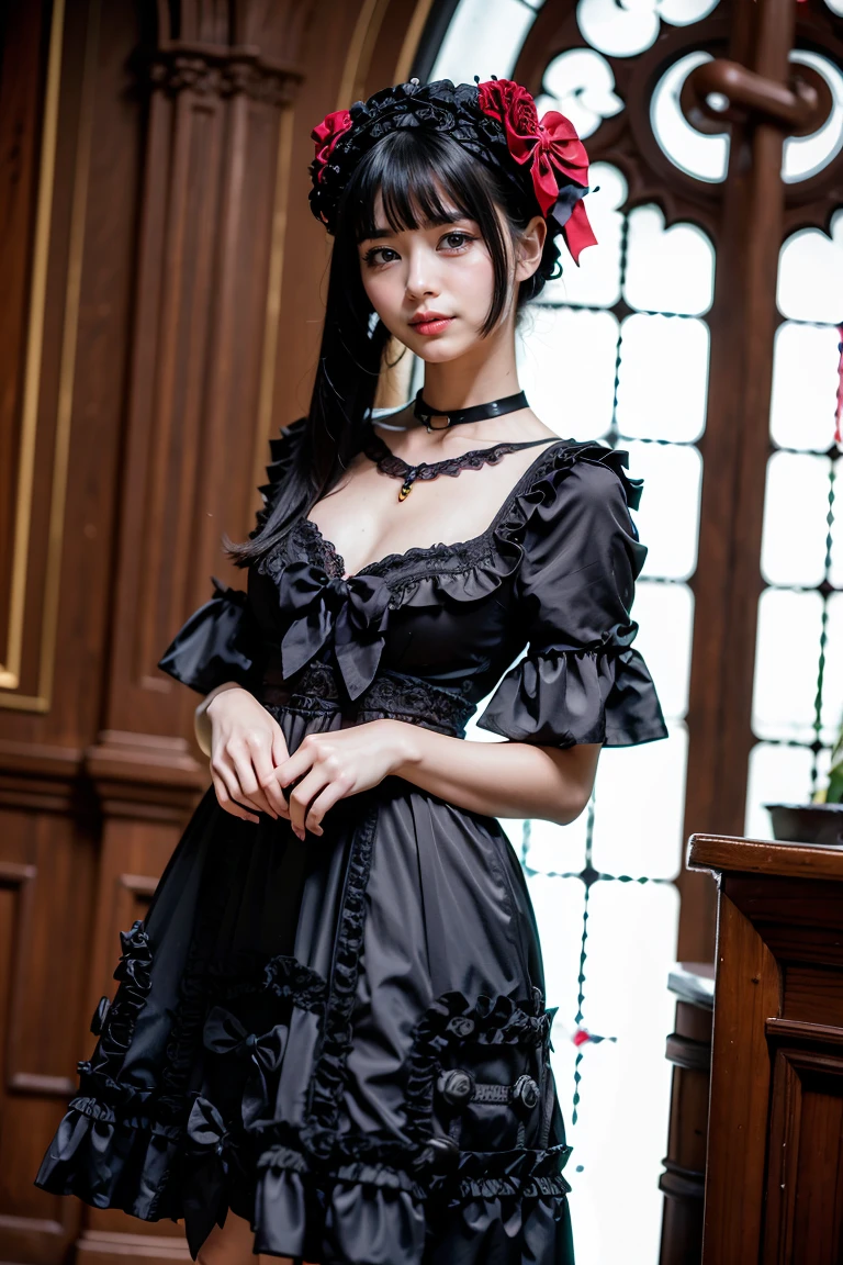 Grin, (chapel:1.3), (bara nipple:1.3), (nipple peek:1.3), hair over one eye, flat chest, GothGal, a woman in a black and white dress,ribbon,lace,goth print, woman wearing a GothGal outfit skinny, (One girl), young woman, 17 years old, Clean and shiny lips,Beautiful hip line, Shiny thighs, ultra detailed, Best Quality, Masterpiece, 8k, realistic