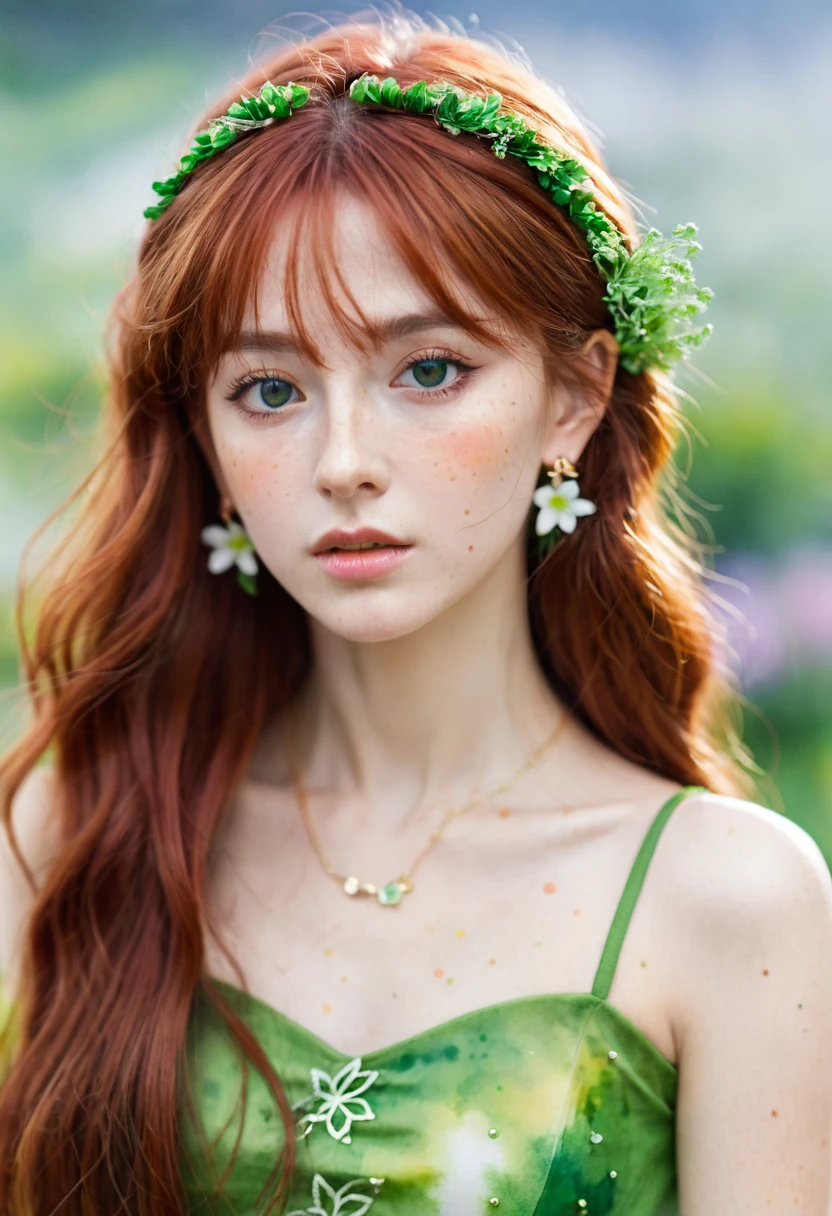 (watercolor: 1.2), Elf Princess, flower, freckle, Bangs, Red hair, Long hair, Green Eyes, Hair between the eyes, flower earrings, Blurred background, high resolution  