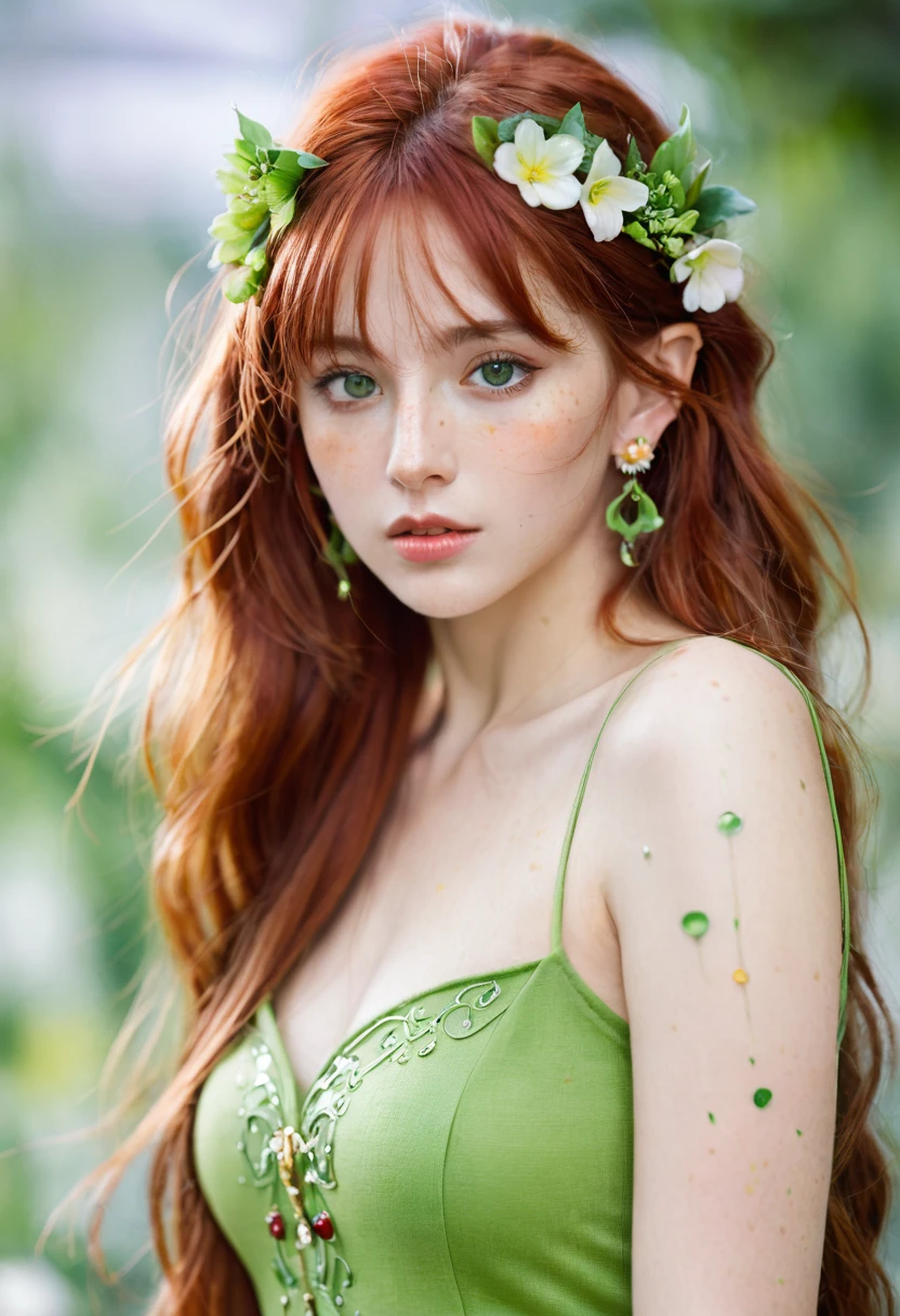 (watercolor: 1.2), Elf Princess, flower, freckle, Bangs, Red hair, Long hair, Green Eyes, Hair between the eyes, flower earrings, Blurred background, high resolution