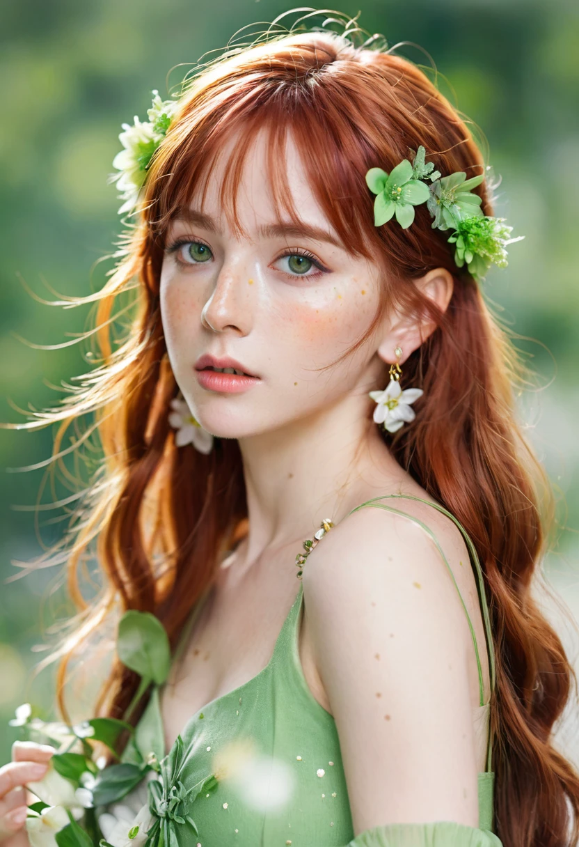 (watercolor: 1.2), Elf Princess, flower, freckle, Bangs, Red hair, Long hair, Green Eyes, Hair between the eyes, flower earrings, Blurred background, high resolution
