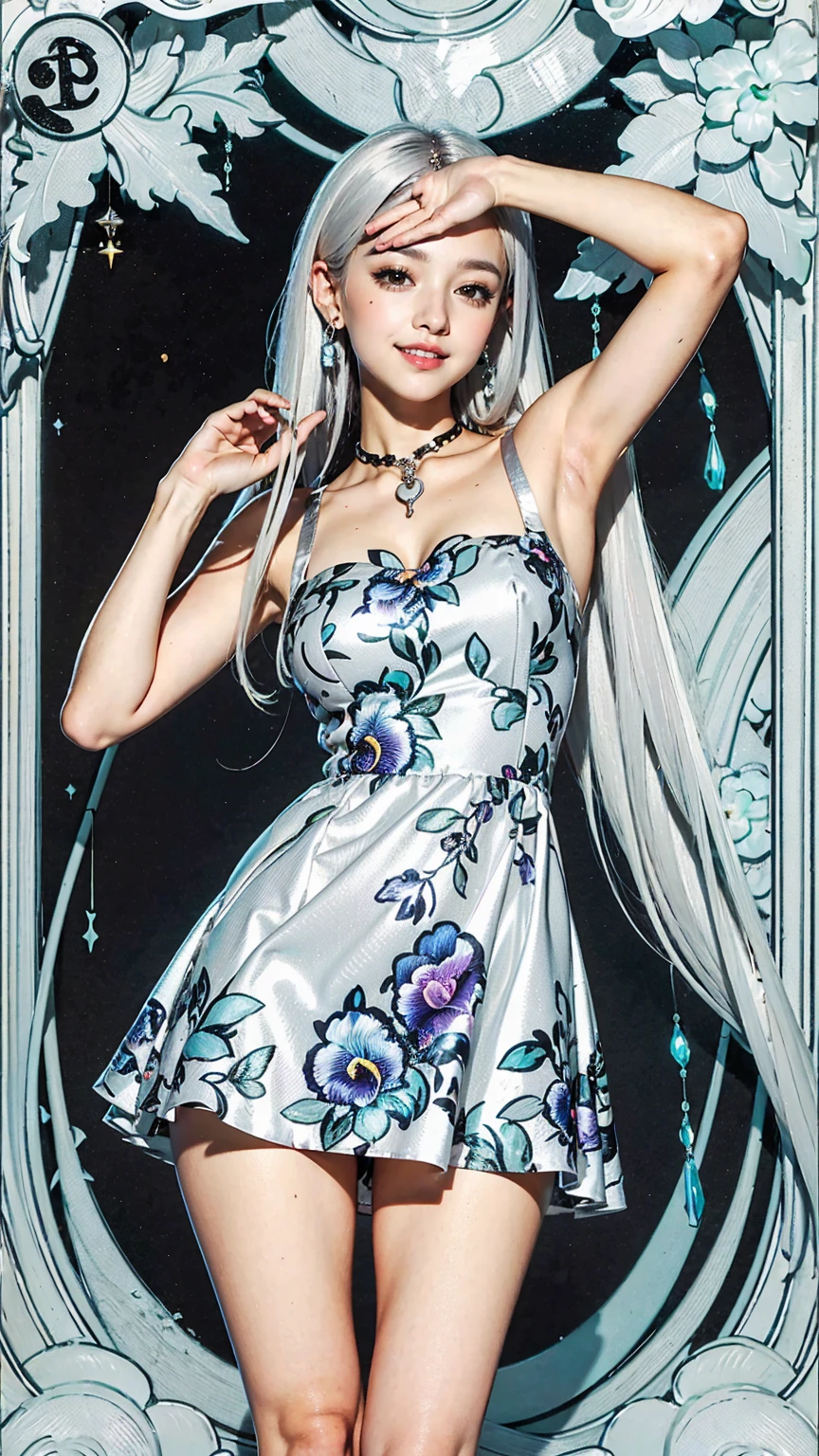 (Tarot card style:1.3), (Anime Style:1.3), masterpiece, Highest quality, Highest Resolution, Anatomically correct, Accurate Anatomy, (Floral blank background:1.3), (1girl:1.3), 20-year-old, Height: 165cm, Shot from thigh up, (Thick thighs:1.2), (Long Hair, Straight Hair, Silver Hair:1.3), (Squint your eyes, Sharp Eyes, (Iris:1.2)), (Hidden eyelid wrinkles:1.2), Thin eyebrows, Draw eyelashes carefully, Natural Makeup, Chin up, Grin, Slightly to the side, (Fantastic world dresses:1.3), (Pose a random model:1.2)