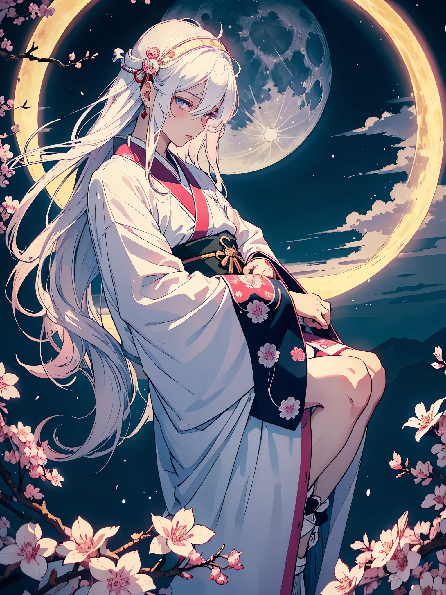 Männlich. Blaues Licht. Mann. Männlich. Boy. Tsukiyomi. japanese clothes. God of the Moon. long white hair. traditional clothing. divine. full moon. Pink flowers. at night.