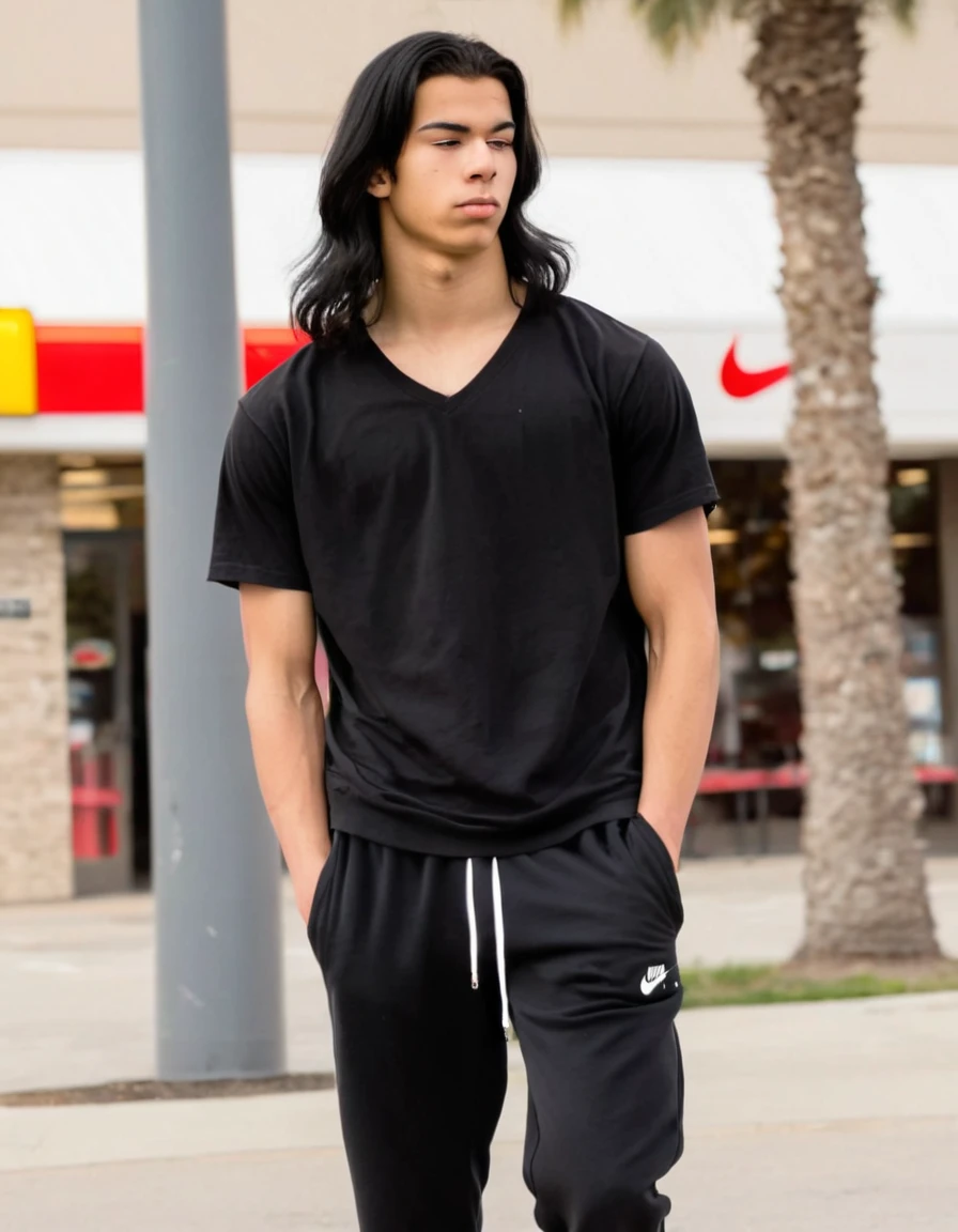 16 year old middle eastern male with shoulder length black long black hair, tan skin, black v-neck tshirt, black long joggers, white nike air force shoes, muscular build, holding, outside of Mcdonalds, thin eyebrows,