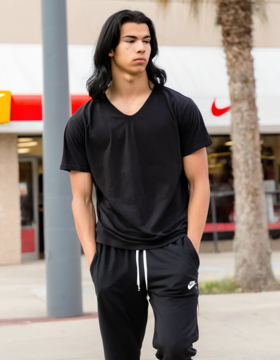  middle eastern male with shoulder length black long black hair, tan skin, black v-neck tshirt, black long joggers, white nike air force shoes, muscular build, holding, outside of Mcdonalds, thin eyebrows,