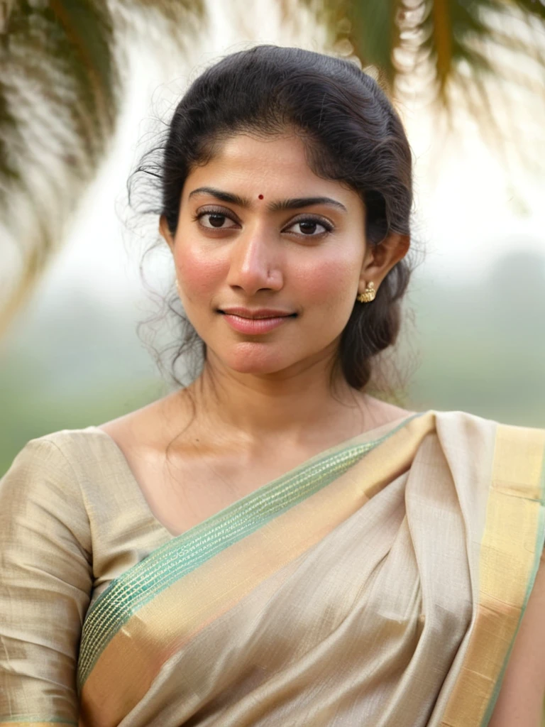 ultrarealistic hires close up photo of a 30-year-old sai pallavi woman, outdoors, realistic skin texture, looking looking at camera, high collar intricate (silk_saree_blouse:1.2), tied hair, beautiful bokeh background 