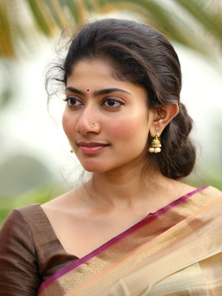 ultrarealistic hires close up photo of a 30-year-old sai pallavi woman, outdoors, realistic skin texture, looking looking at camera, high collar intricate (silk_saree_blouse:1.2), tied hair, beautiful bokeh background