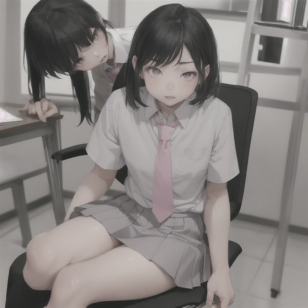 Asian , sharp face, small nose, pink small lips, grey asian eyes, grey short bangs, white school shirt, pink short tie, grey short skirt, short white socks, black fancy shoes, sitting on a chair