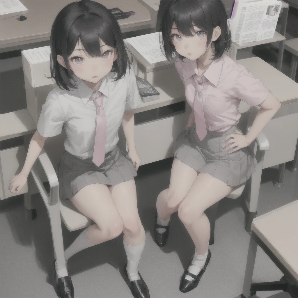 Asian teen, sharp face, small nose, pink small lips, grey asian eyes, grey short bangs, white school shirt, pink short tie, grey short skirt, short white socks, black fancy shoes, sitting on a chair