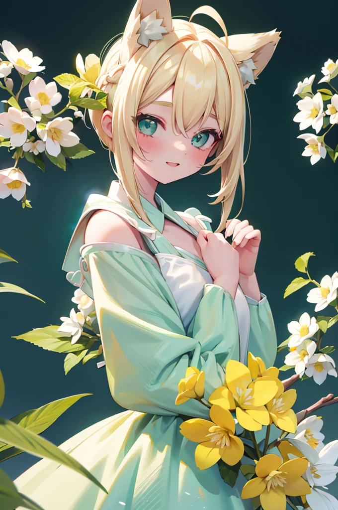 1girl, animal ears, pale blonde hair, ash blonde hair, minty green dress, yellow flowers, mint green flowers, white flowers, blossoms, cute, fun pose, extremely detailed, photorealistic, 8k, high quality, masterpiece, studio lighting, vibrant colors, professional digital art, 1girl, animal ears, pale blonde, ash blonde, minty green, color palette: (yellow, mint, white), flowers, blossoms, cute, extremely detailed, fun pose