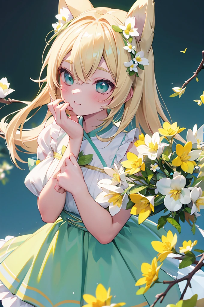 1girl, animal ears, pale blonde hair, ash blonde hair, minty green dress, yellow flowers, mint green flowers, white flowers, blossoms, cute, fun pose, extremely detailed, photorealistic, 8k, high quality, masterpiece, studio lighting, vibrant colors, professional digital art, 1girl, animal ears, pale blonde, ash blonde, minty green, color palette: (yellow, mint, white), flowers, blossoms, cute, extremely detailed, fun pose