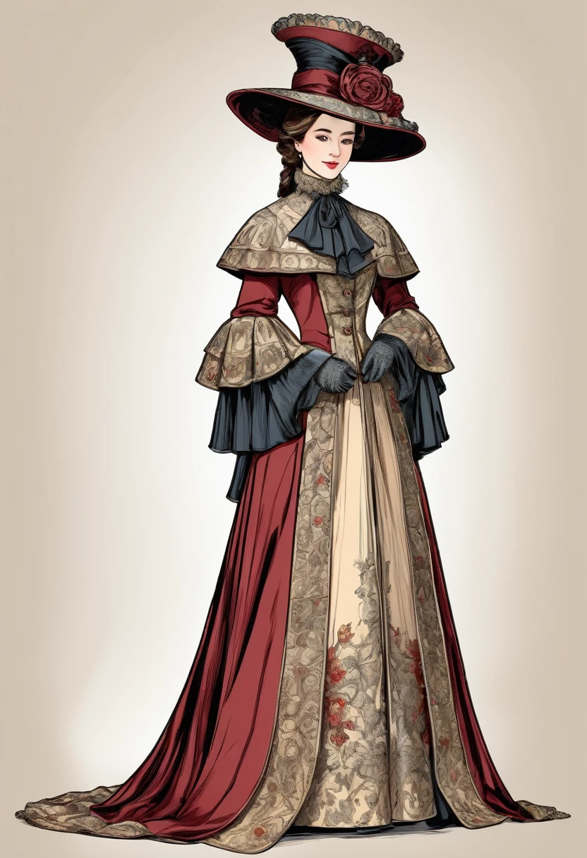 一组不同颜色的hat,Arrange separately,Victorian style,hat,cloak、shoe、Fashion Design,Clothing and fabrics,Very detailed and rich costumes,Victorian style,Clean line art and flat colors,,Retro line art,color
