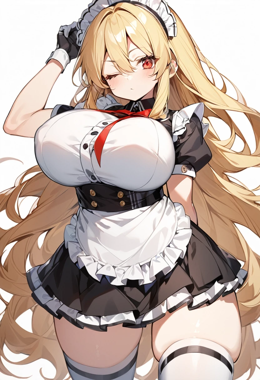 (One girl)、(shoulder length hair)、(sidelock)、((Blonde))、(slan eyes)、（boyish）、cute、(Big super breasts)、((Chubby))、Maid、No sleeve、mini skirt、White sleeveless、thigh-high socks thighhighs、(long gloves)、hairs between eyes、(coarse hair)、[flipped hair]、red eye、expressionless、one eye closed、arm behind back、White Background、