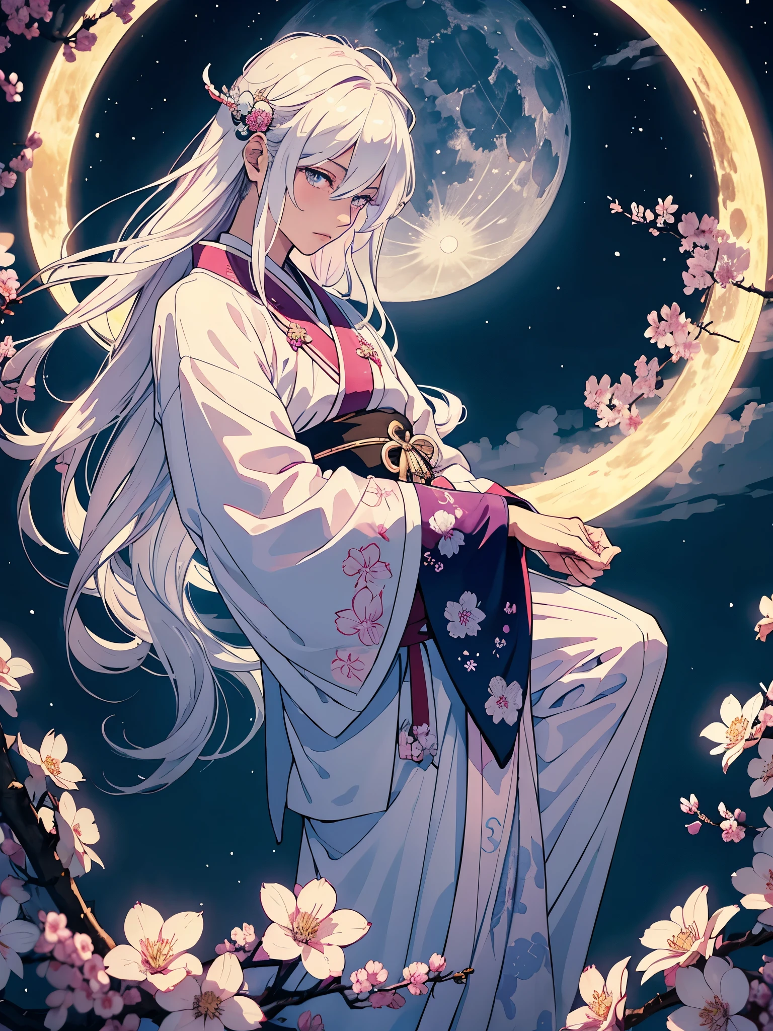 Männlich. Blaues Licht. Mann. Männlich. Boy. Tsukiyomi. japanese clothes. God of the Moon. long white hair. traditional clothing. divine. full moon. Pink flowers. at night.