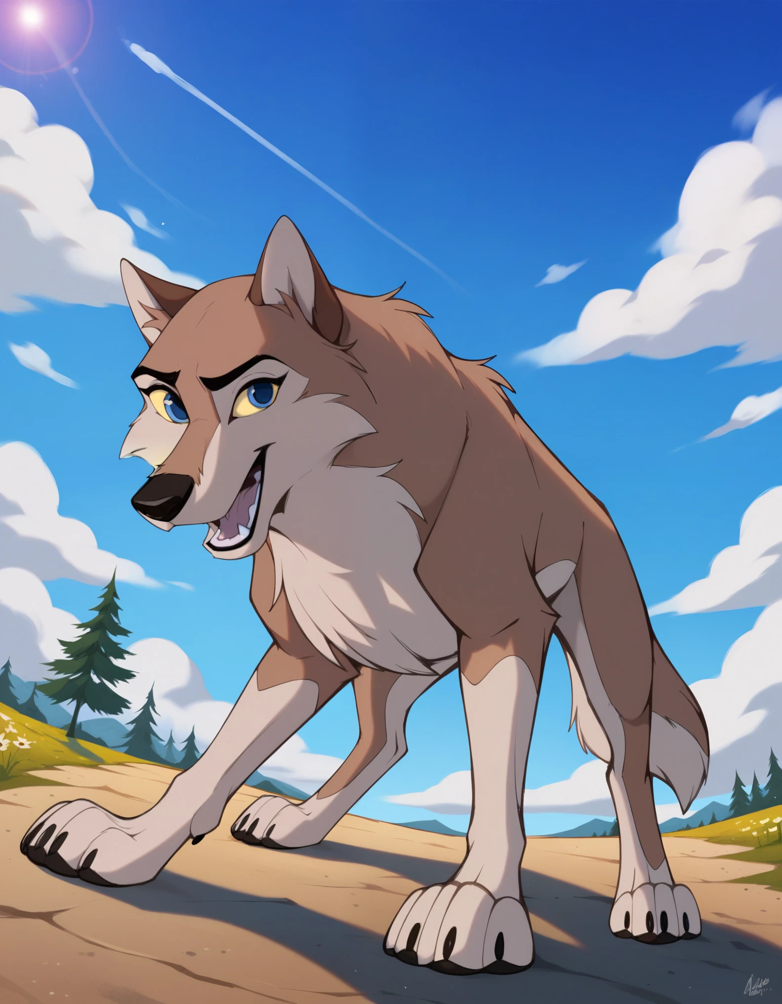 score_9, score_8_up, score_7_up, score_6_up,aleu, open mouth, blue eyes, outdoors, sky, day, blue sky, no humans, colored sclera, dog, animal focus, animalization, 1girl, wolf, animal, body fur, two tone fur, yellow sclera