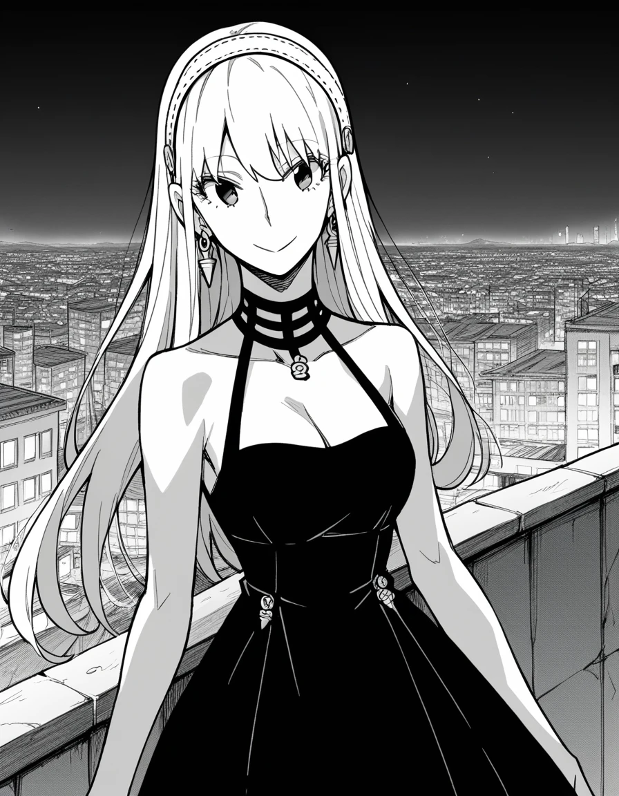 score_9, score_8_superior, score_7_superior, sauce_anime,
Yorbraia, Yor Briar, Black Hair, Earrings, white hair band, hair band, Long Hair, Side Lock, Monochrome, grayscale,
dress, Cleavage, Exposing shoulders, jewelry, clavicle, No sleeve, black dress, Halter neck, head band, white head band,
Outdoor, Cityscape, night, smile,
Ukiuki