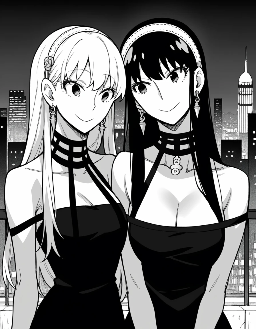 score_9, score_8_superior, score_7_superior, sauce_anime,
Yorbraia, Yor Briar, Black Hair, Earrings, white hair band, hair band, Long Hair, Side Lock, Monochrome, grayscale,
dress, Cleavage, Exposing shoulders, jewelry, clavicle, No sleeve, black dress, Halter neck, head band, white head band,
Outdoor, Cityscape, night, smile,
Ukiuki
