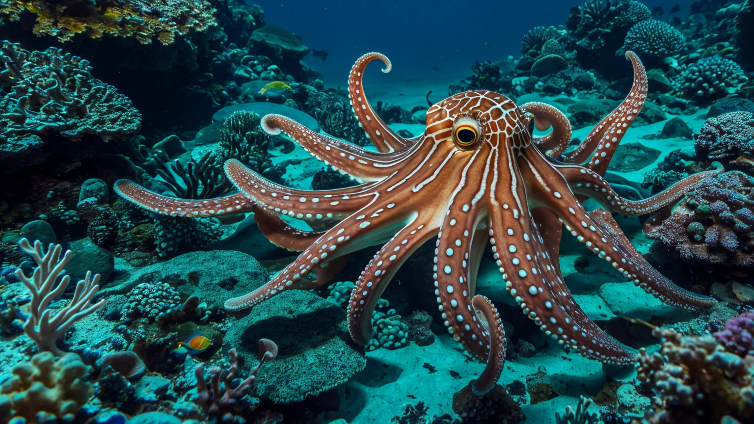 "A detailed underwater image of an octopus displaying its camouflage capabilities. Focus on the octopus’s skin, showing cells changing color and texture. Use a split-screen effect to show the octopus in two different states: one where it is blending into a rocky surface and another where it has transformed its appearance to mimic a lionfish. Highlight the complex textures and colors of the chromatophores, iridophores, and leucophores in a visually engaging way."