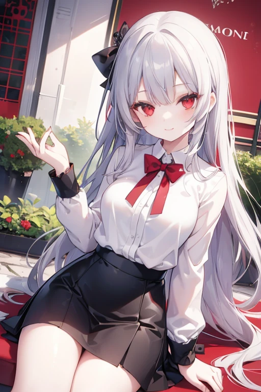 young girl, gray outer hair, red inner hair, long hair, red eyes, beautiful and detailed eyes, mischievous smile, black mini skirt, white shirt , wallpaper, beautiful garden