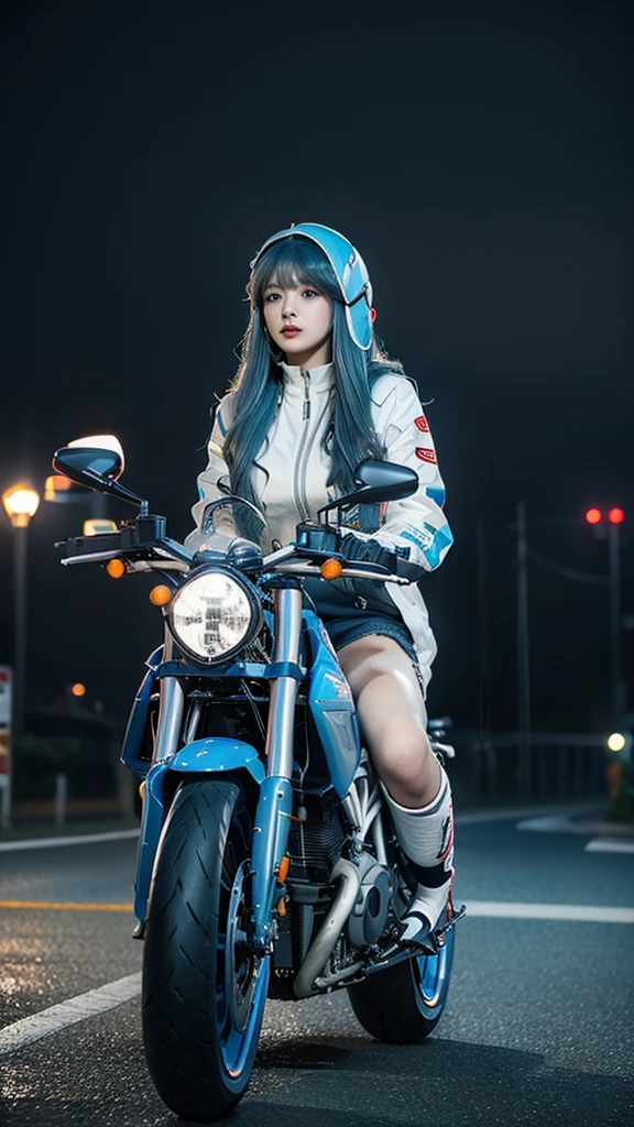 realism,
1girl,solo,
ssugar008_jp_girl,(blue hair:1.4),long hair,asymmetric bangs,pointy hair,huge breasts,narrow_waist,slender,white skin,sweat,
techwear,gloves,long_sleeves,multicolored jacket,black pants,hood,bag,backpack,helmet,zipper,cyberpunk,
Ducati,driving a ducati motorcycle,(riding a motorcycle:1.3),(driving a motorcycle:1.3),white motorcycle,motorcycle,
ruanyi0730,(winter:1.2),dusk,(foggy weather:1.4),
(full body:1.4),(full_shot:1.4),front view,