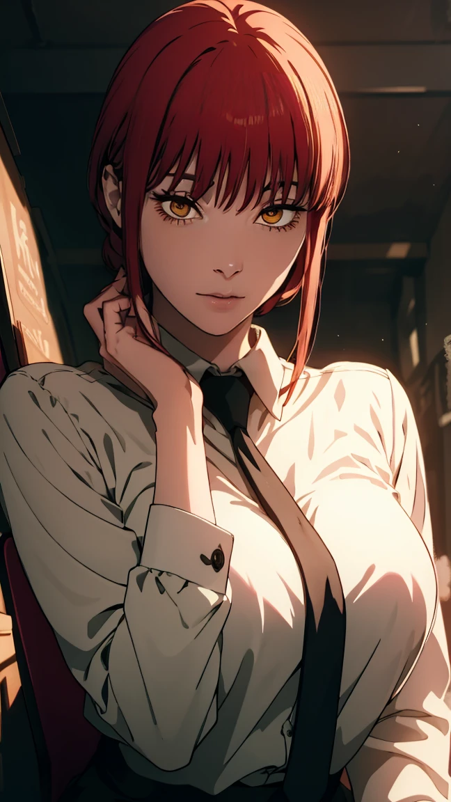 The character Makima from the anime series Chainsaw Man, fragile, full length (Full body 1.1.), dark background, darkness, Correct anatomy 1.1, holds his hands behind his back, correct hand anatomyVery sexy, erotica, very feminine, beautiful figure, legs, buttocks, beautiful body, red hair, orange eyes, Red circles for schoolchildren, summer dress, sexy pose, realistic, very detailed, beautiful body, detailed body, detailed hands, detailed, Vibrating, detailed Face, Makima character design. very detailed, detailed body, detailed hands, detailed Face, anime art, Hugh Details, Very downcast face, detailed eyes, Super thin illustration, best shadow, Fine detail, beautiful detailed glow, beautiful detailed, Extraordinarily beautiful, extremely detailed, inexpressive, epic composition, Anime style. anime art anime art, Anime style,