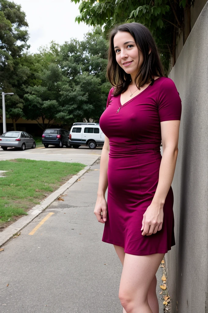 Sexy 35 year old mom, wearing a short little dress. Standing outside a school.