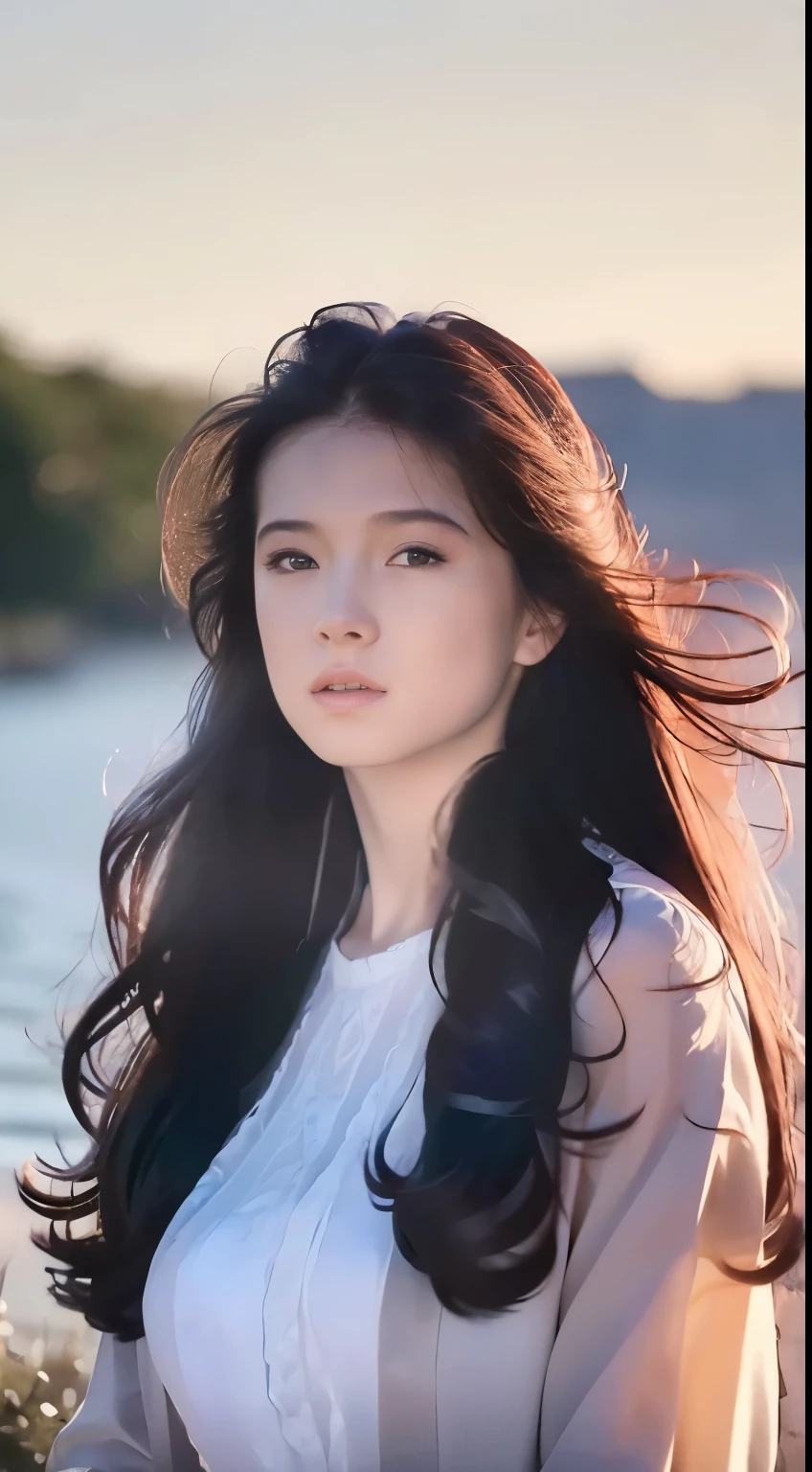 (8K, best quality:1.2), (masterpiece:1.37), (photo, photorealistic:1.37), (Ultra-high resolution), 1 Girl, Long hair, Layered Hedge, Hair blowing in the wind,