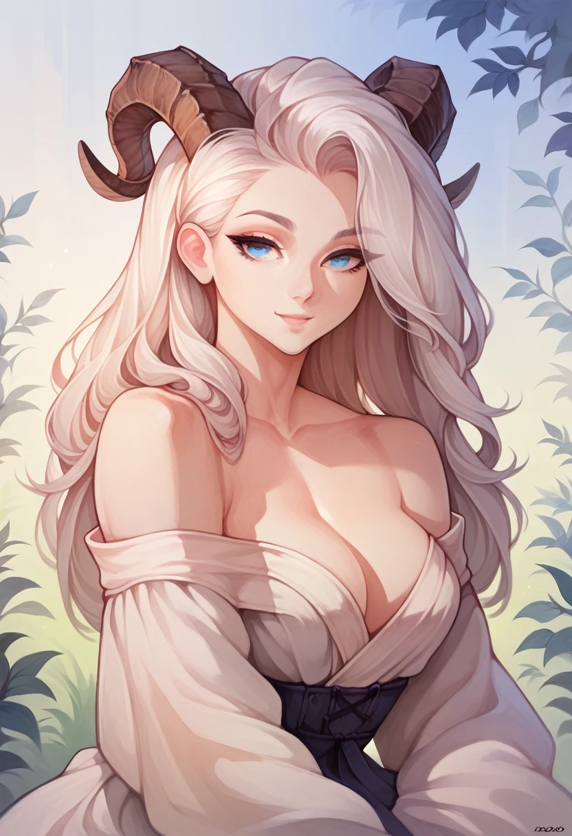 solo, 1girl, white hair, blue eyes, goat horns, 
sitting, looking at viewer, light smile, upper body, 
masterpiece, best quality, very aesthetic, absurdres, wlsdnjs950, 
