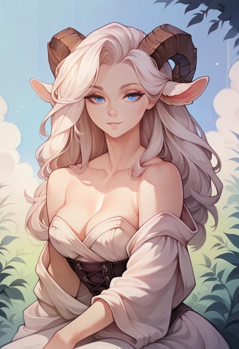 solo, 1girl, white hair, blue eyes, goat horns,
sitting, looking at viewer, light smile, upper body,
masterpiece, best quality, very aesthetic, absurdres, wlsdnjs950,