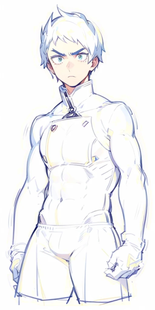 One boy. male focus. brown short hair. boku no hero academia. Oval face, strong jaw and high cheekbones. Soft but marked features. Slightly almond-shaped eyes framed by long, straight eyelashes, deep gaze. Expression of concentration. Thick eyebrows. masterpiece, best quality, very aesthetic, black shirt, baggy pants, proportionally anatomical, detailed body illustration, casual front pose. Full colour, full clothing.
