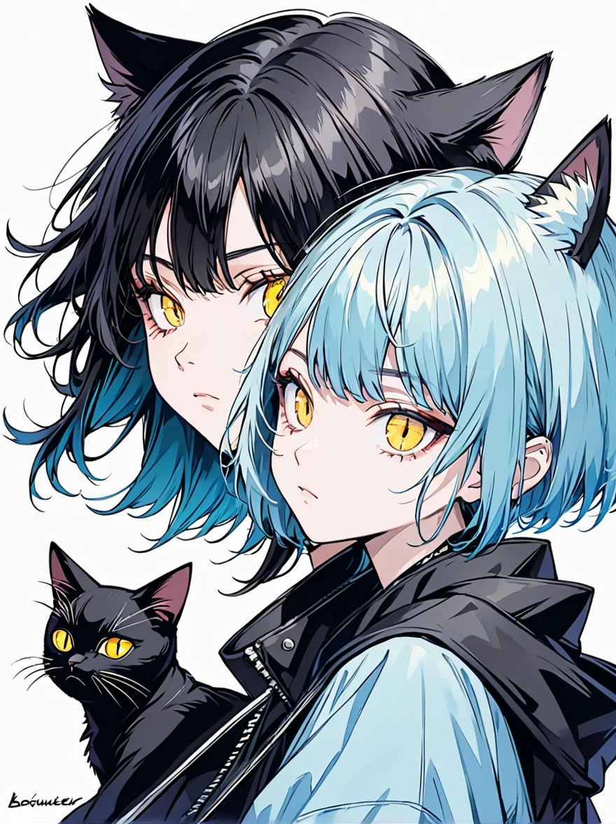 Yellow eyed anime girl with light blue shaggy cut, Young girl，Young Teenage Girl，Emo girl and her , Goth cat and girl portrait, Digital illustration style, In the art style of Bouwater, Anime Style, Anime-style illustrations,Serious expression