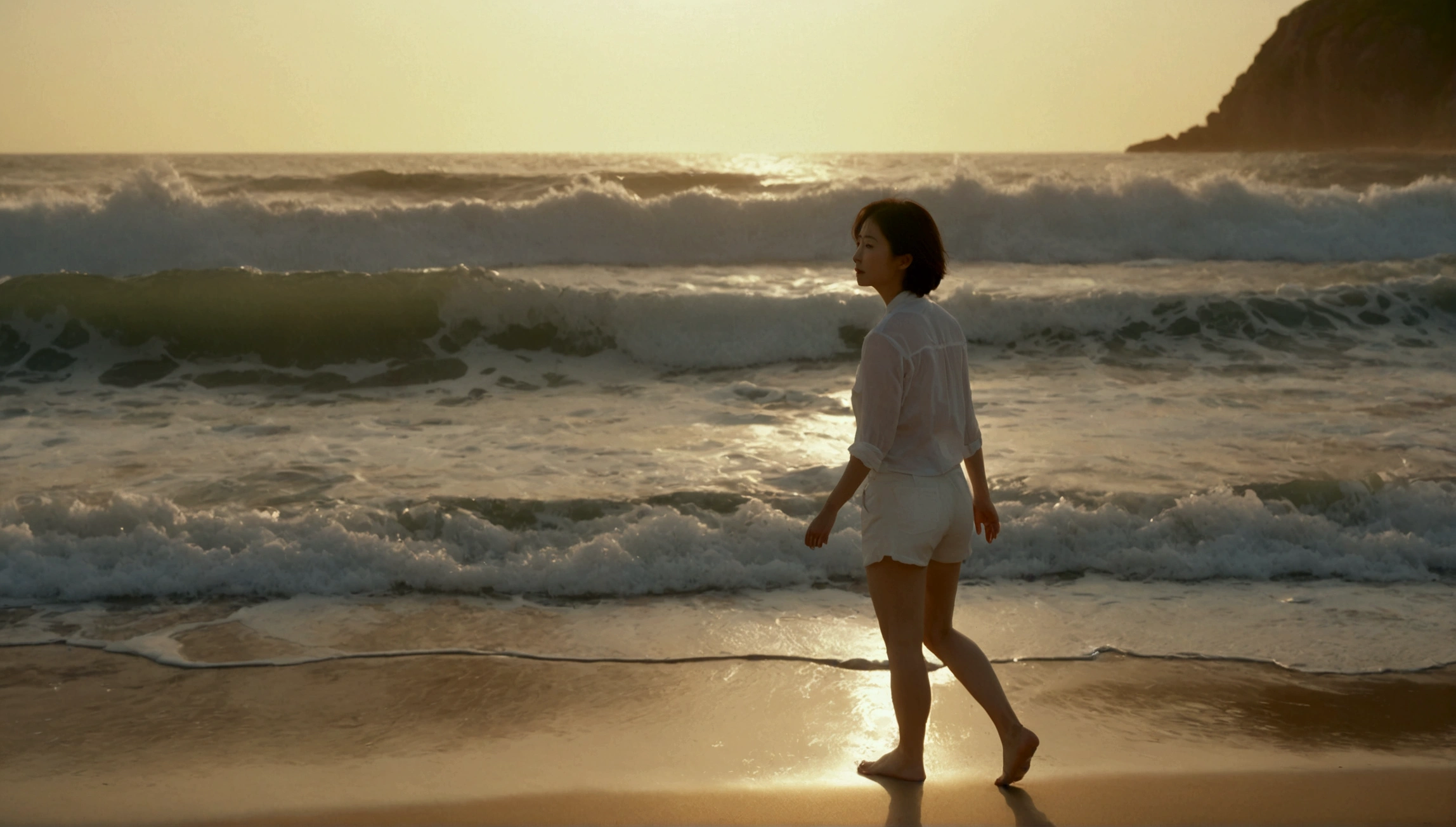 8k, realistic, lifelike photo, Realistic appearance of nature, beach at sunset, pale light, 36 year old Korean woman, short medium hair, woman walking along the beach. Close-up from afar with a wide-angle lens, tower, White shorts, waves crashing, Clear picture quality