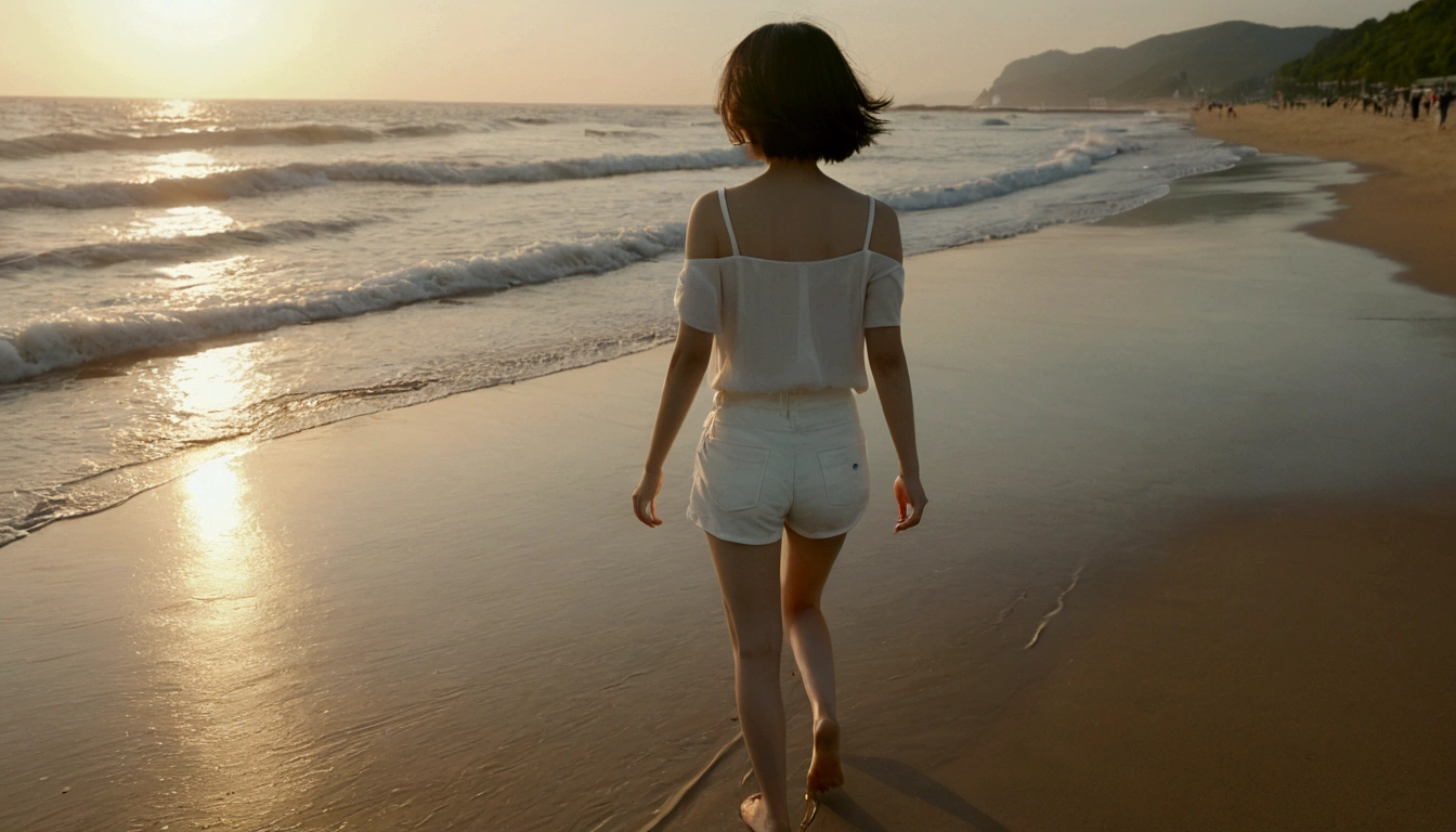 8k, realistic, lifelike photo, Realistic appearance of nature, beach at sunset, pale light, 36 year old Korean woman, short medium hair, woman walking along the beach. Close-up from afar with a wide-angle lens, tower, White shorts, waves crashing, Clear picture quality