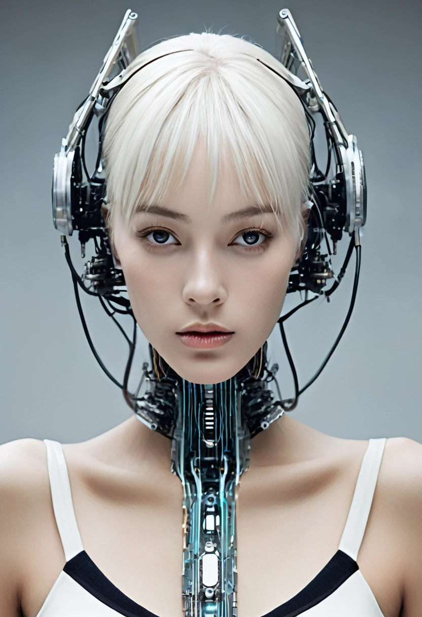 A voluptuouse futuristic female android with a white bob haircut, looking melancholic. Her face is a blend of human and machine, with visible mechanical components and synthetic skin. She has tears running down her face, emphasizing a sense of sorrow or emotional depth. Her neck and shoulders are intricately designed with exposed circuits and machinery, showcasing advanced technology. The background is minimalist with faint lines and circuit patterns, highlighting the sci-fi theme."