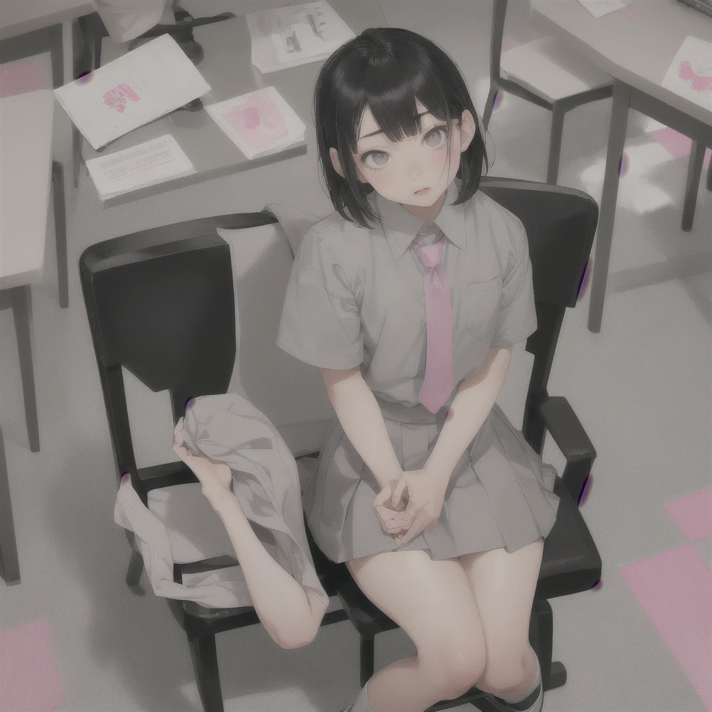 Asian , sharp face, small nose, pink small lips, grey asian eyes, grey short bangs, white school shirt, pink short tie, grey short skirt, short white socks, black fancy shoes, sitting on a chair