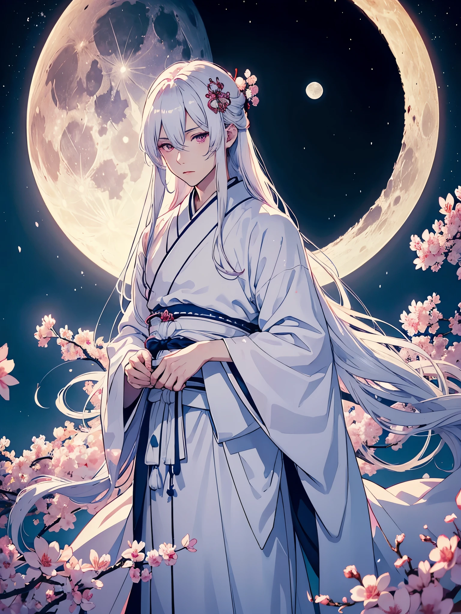 Männlich. Blaues Licht. Mann. Männlich. Boy. Tsukiyomi. japanese clothes. God of the Moon. long white hair. traditional clothing. divine. full moon. Pink flowers. at night.