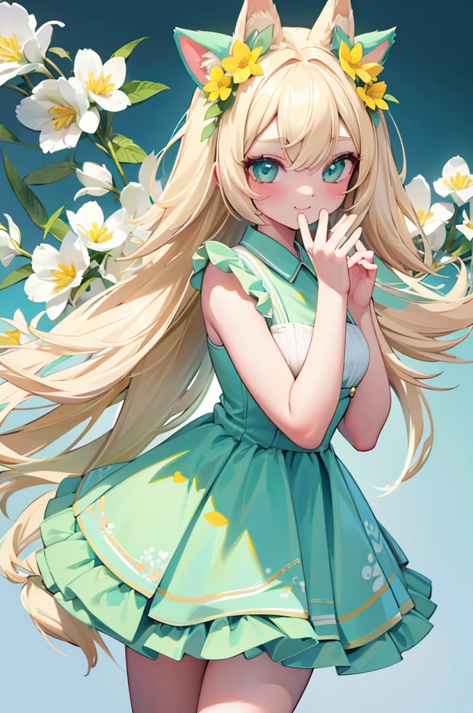 1girl, animal ears, pale blonde hair, ash blonde hair, minty green dress, yellow flowers, mint green flowers, white flowers, blossoms, cute, fun pose, extremely detailed, photorealistic, 8k, high quality, masterpiece, studio lighting, vibrant colors, professional digital art, 1girl, animal ears, pale blonde, ash blonde, minty green, color palette: (yellow, mint, white), flowers, blossoms, cute, extremely detailed, fun pose