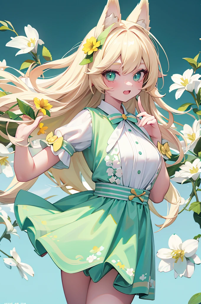 1girl, animal ears, pale blonde hair, ash blonde hair, minty green dress, yellow flowers, mint green flowers, white flowers, blossoms, cute, fun pose, extremely detailed, photorealistic, 8k, high quality, masterpiece, studio lighting, vibrant colors, professional digital art, 1girl, animal ears, pale blonde, ash blonde, minty green, color palette: (yellow, mint, white), flowers, blossoms, cute, extremely detailed, fun pose