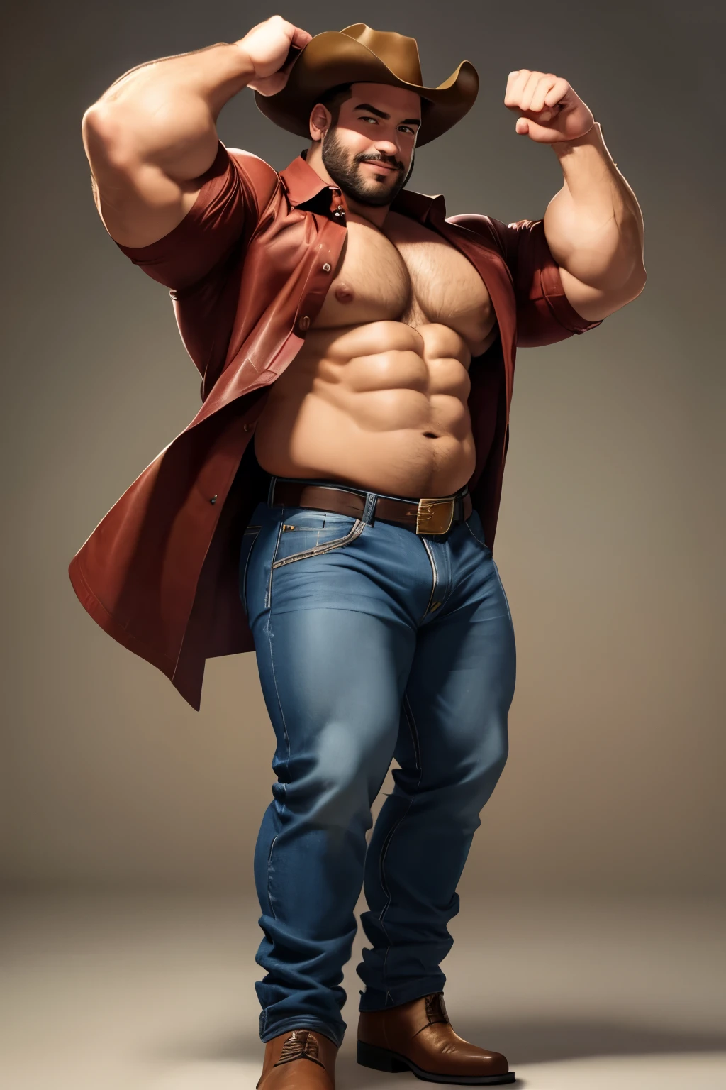tall man, bearded with a striking appearance. short haircut, a beautiful smile that expresses confidence and charm, intense, masculinity and strength, big arms, slightly chubby, (bronze oil skin, cowboy clothes, jeans, cowboy leather hat, cowboy leather boots), squint eyes, big hands, big ass, (big and large legs), musclegut, muscle, vein, buff, open shirt, showing chest, big pecs, ((big and large ass)), ((full body shot)), posing for the camera, deliberate, explicit content, flexing muscles, shameless, slightly smiling, front side view:1.2, full body shot, wide view, dancing pose, stripper pose, sexy pose, anatomy in perspective, deliberate, explicit content, questionable content
