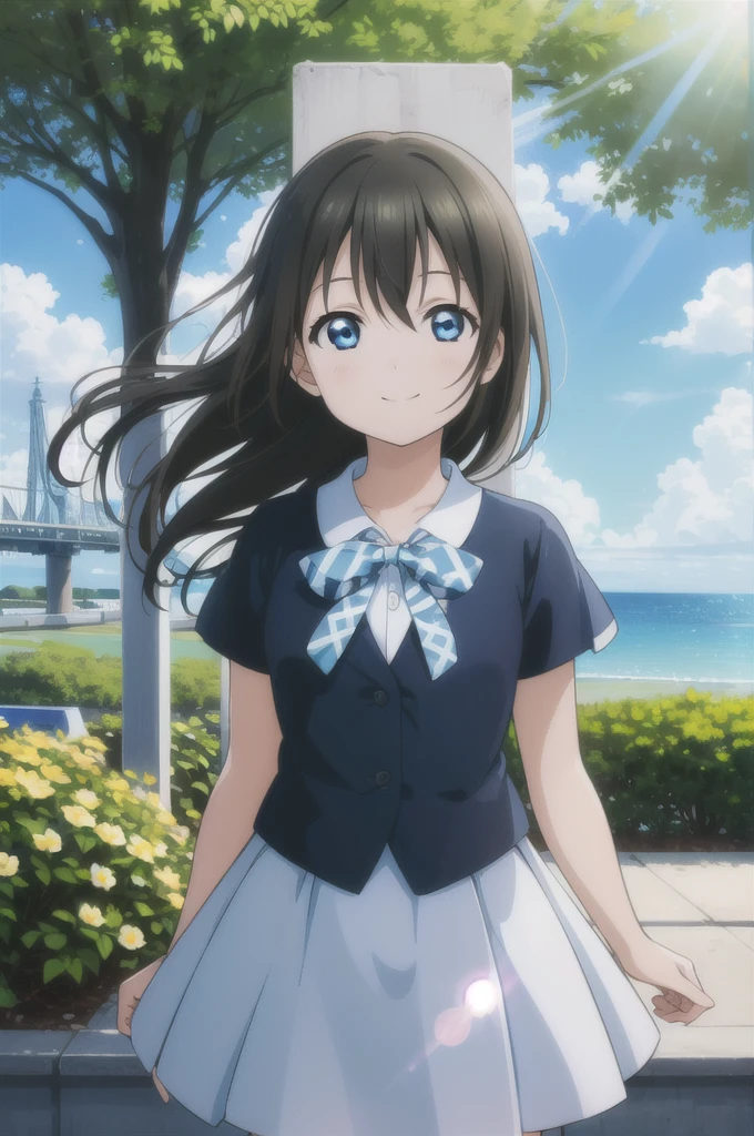 (Highest quality, masterpiece:1.2), (One Girl, alone:1.2), cute, smile,  Detailed Background, (View your audience, alone focus:1.2), Light on the face, null, blue null, Cowboy Shot, sunlight, Lens flare, Written boundary depth, scenery, Mouth closed,
Osaka Shizuku, short hair, blue eyes, Black Hair, Nijigasaki University 