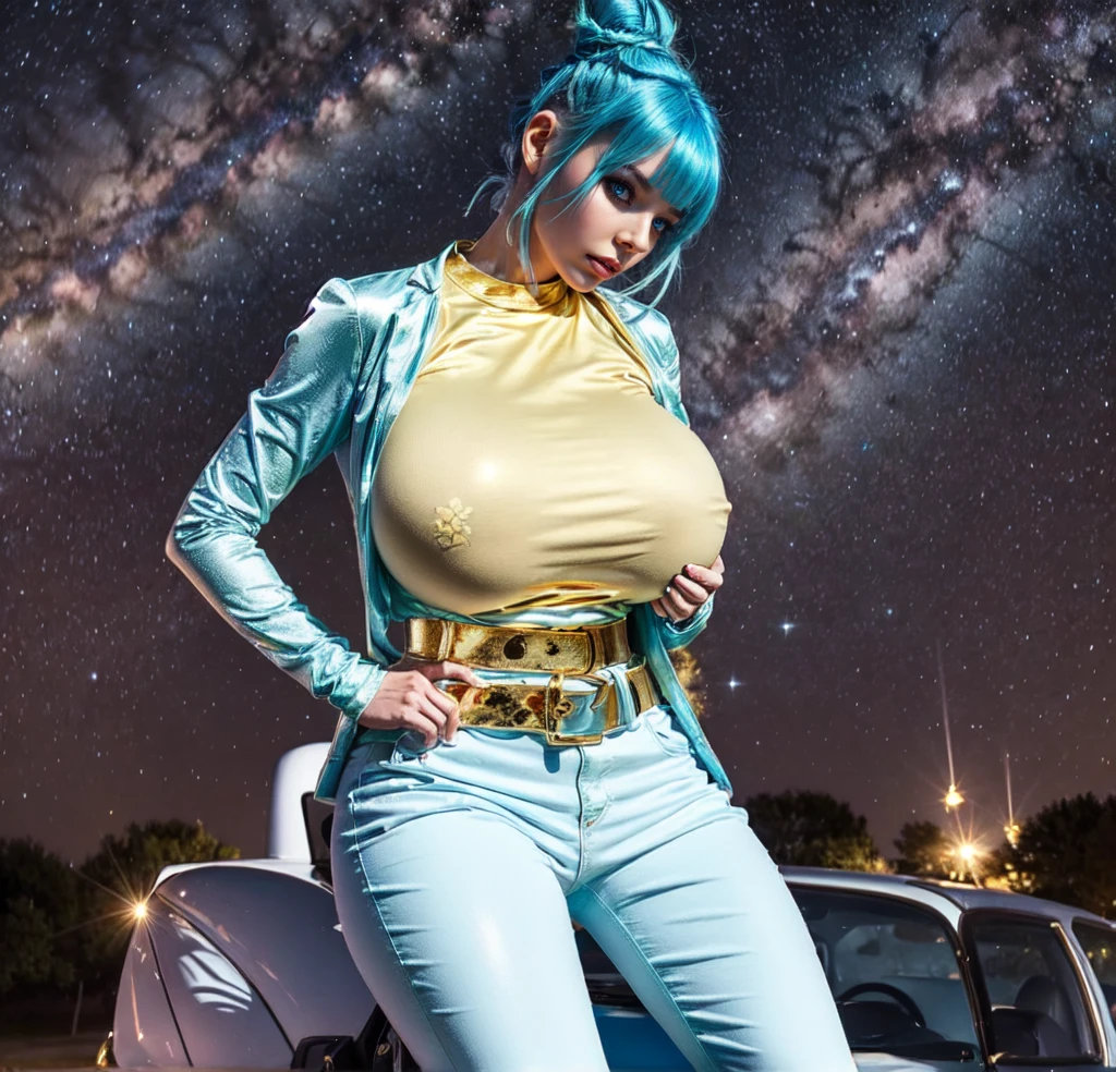 adult french milf woman with cyan blue hair, space bun haircut, gold T-shirt, big naked breast,white trousers, gold belt blue eyes, riding in a men, 