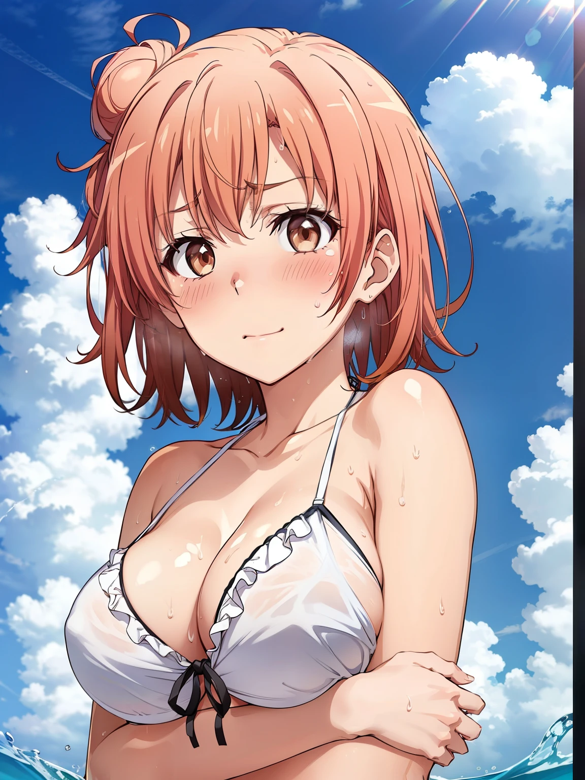 ((Highest quality, High resolution,  Pixel perfect,  4K)),  (Beautiful Anime Girls), Written boundary depth、
Observe the audience, 
Perfect body, 

Yuigahama Yui, Brown eyes、Fine grain、Single hair bun, 

(Big Breasts:1.3)、

Micro Bikini、White swimsuit、Front tie bikini、Frilled bikini、

sunlight、
null、cloud、
Focus on the chest、

(Embarrassing、blush、Sweat:1.5)、
Cross your arms、Arms under chest、Portrait、