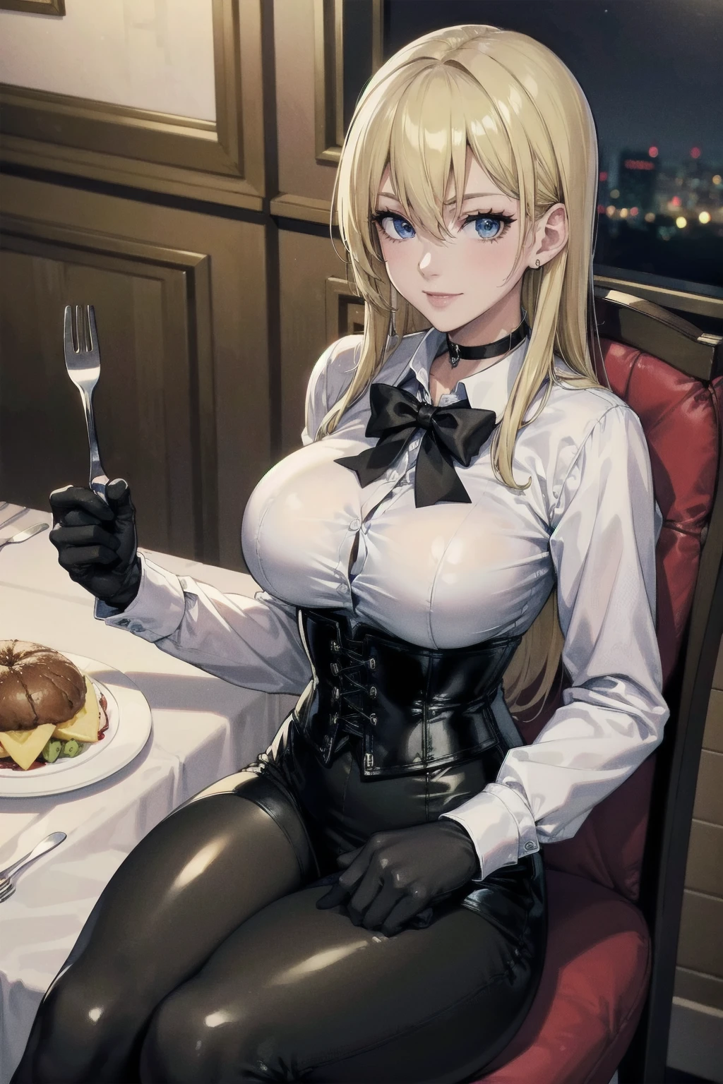 Masterpiece, Superior image quality, high resolution, 4k image,photo and gross, photorealistic, whole body, 1 young blonde of , sitting in a chair at the dining room table, perfectly drawn body, (big breasts), seductive expression, loving smile, Beautiful face, long blonde hair, Blue eyes, very detailed eyes,  choker:1.6, (white long sleeve button down shirt with white collar), black gloves, gloves that cover hands, (holding a fork), (black leather corset), (shiny black leggings), Sensual Lips , show details in the eyes, view from the left side, looking at the viewer,  ( Resident Evil style (1996) mansion background,  table with plates of food, dark and elegant dining room, At night, low lighting)