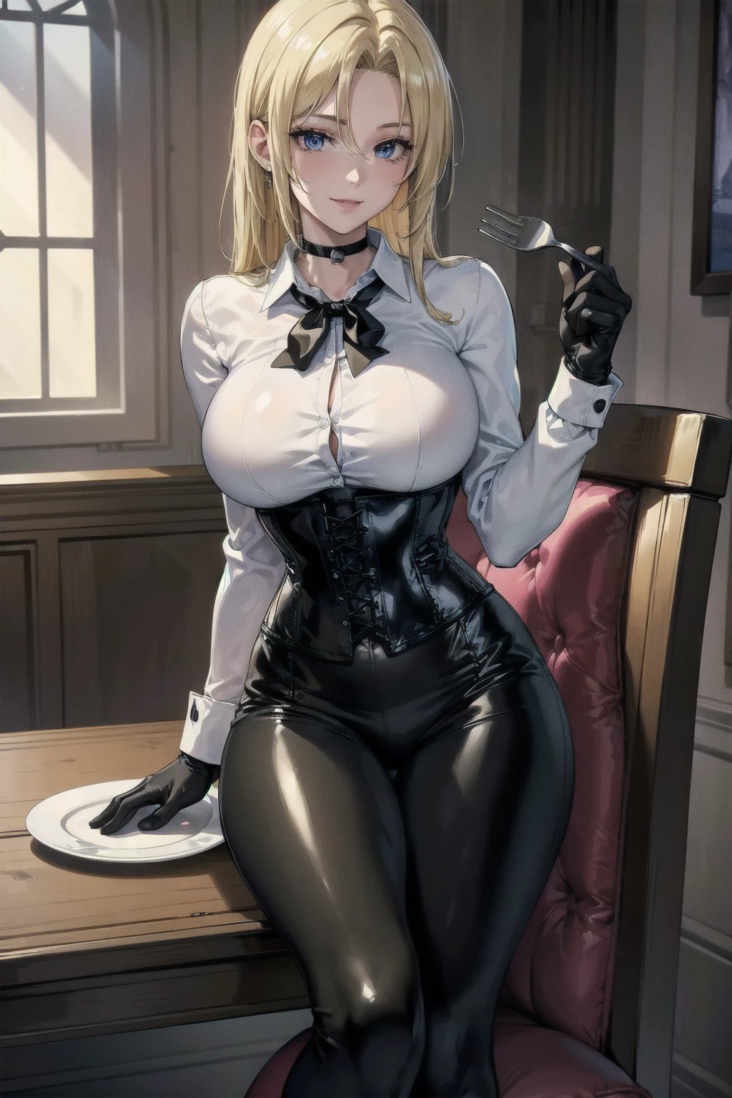 Masterpiece, Superior image quality, high resolution, 4k image,photo and gross, photorealistic, whole body, ung blonde of 15 years, sitting in a chair at the dining room table, perfectly drawn body, (big breasts), seductive expression, loving smile, Beautiful face, long blonde hair, Blue eyes, very detailed eyes, choker:1.6, (white long sleeve button down shirt with white collar), black gloves, gloves that cover hands, (holding a fork), (black leather corset), (shiny black leggings), Sensual Lips , show details in the eyes, view from the left side, looking at the viewer, ( Resident Evil style (1996) mansion background, table with plates of food, dark and elegant dining room, At night, low lighting)